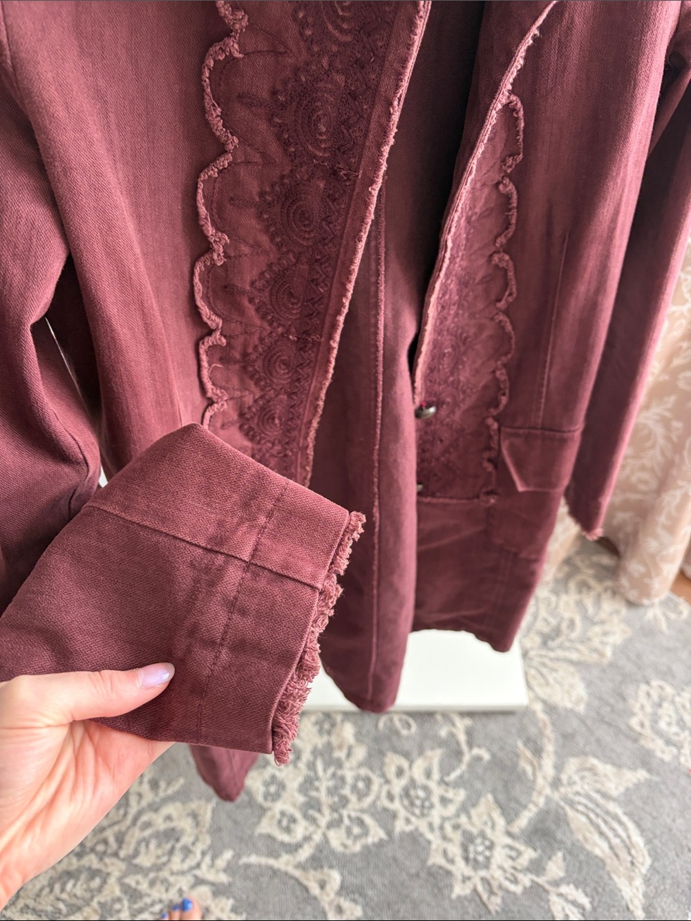 Vintage Lee Cooper Women's Long Burgundy Boho Jacket with Scalloped Trim - Picture 6 of 10